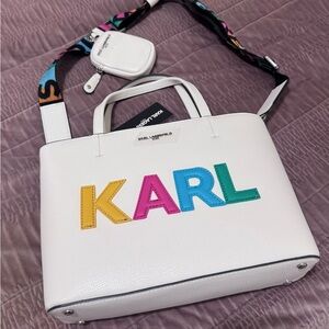 Karl Lagerfeld White Tote with Multicolor Lettering